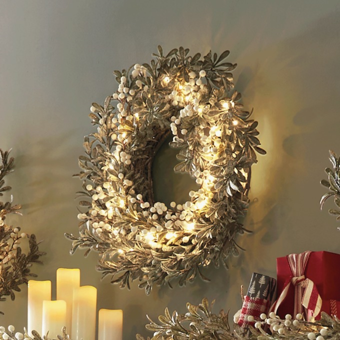 Lit Frosted Berry Wreath, , large