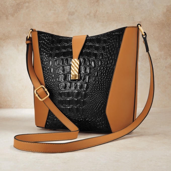 M.C. Handbags Elizabeth Genuine Leather Crossbody with Croco Embossing, Black Tan, large