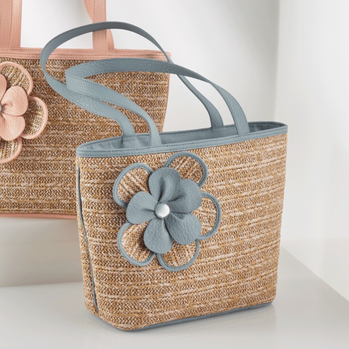 Synthetic Straw Tote with 3D Faux Leather Flower, Natural Light Blue, large