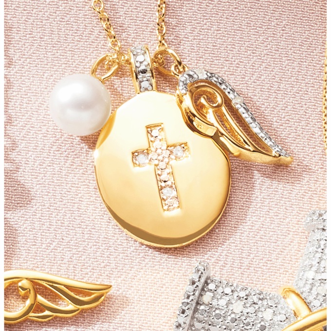 Diamond-Accented Faux-Pearl Faith Charm Pendant, , large