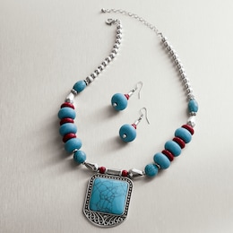 Faux-Turquoise and Faux-Coral Necklace and Earring Set, , large