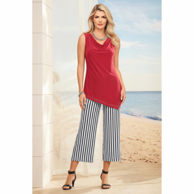 Darina Tank with Draped Neckline and Asymmetric Rhinestone-Stud Hem, , large