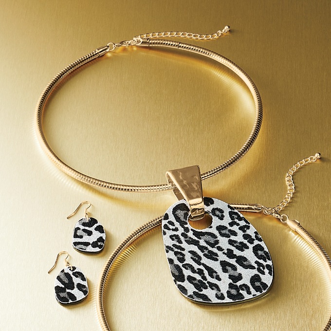 Spotted Reversible Pendant and Earring Set, White Black, large
