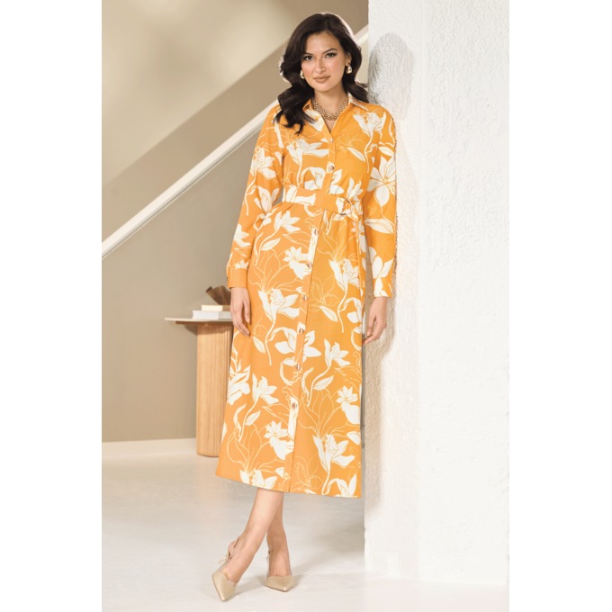 Katira Column Midi Shirtdress with Textured Metal Buttons and Belt, , large