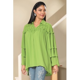 Grace High-Low Chiffon Tunic with Tiered Bell Sleeves and Ruffles, , large