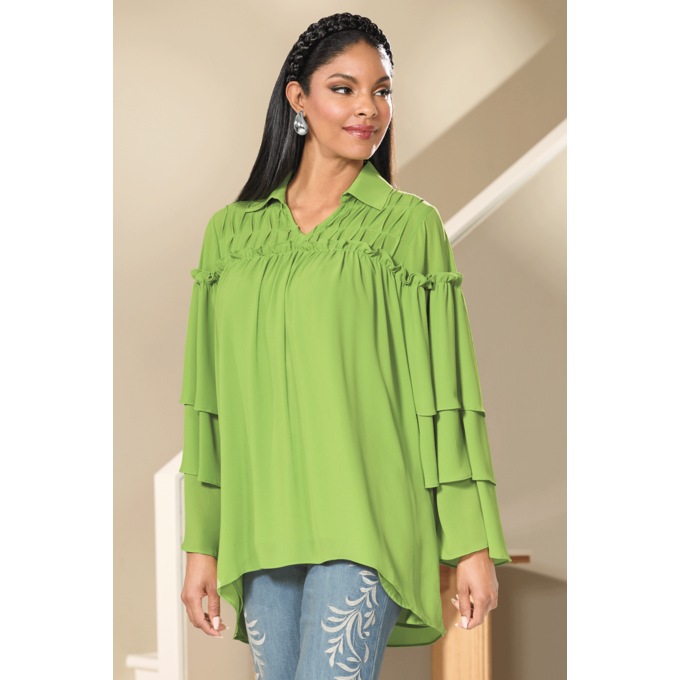 Grace High-Low Chiffon Tunic with Tiered Bell Sleeves and Ruffles, , large
