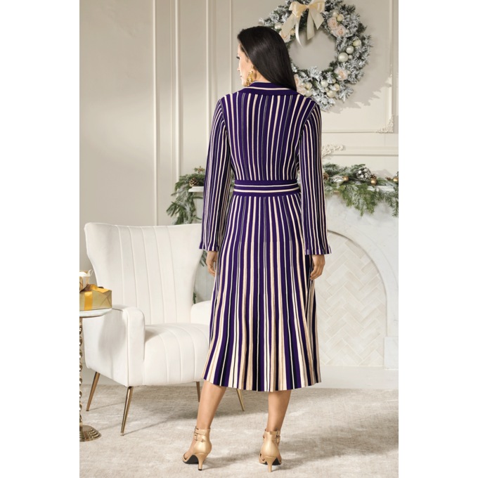 Yarn-Dyed A-Line Midi Sweater Dress with Button Placket, , large