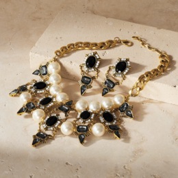 Faux-Pearl/Smoky Crystal Necklace &amp; Earring Set, , large