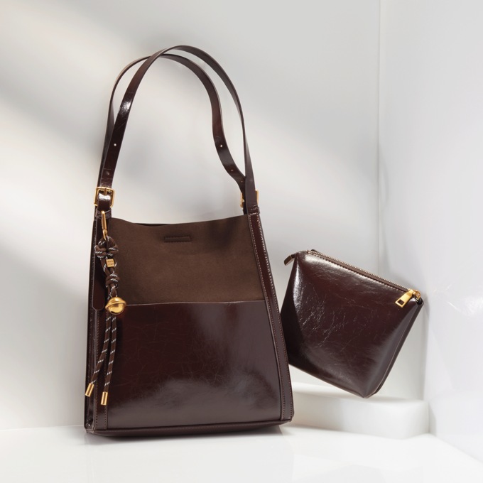 Faux Leather North South Bag and Pouch Set, Brown, large