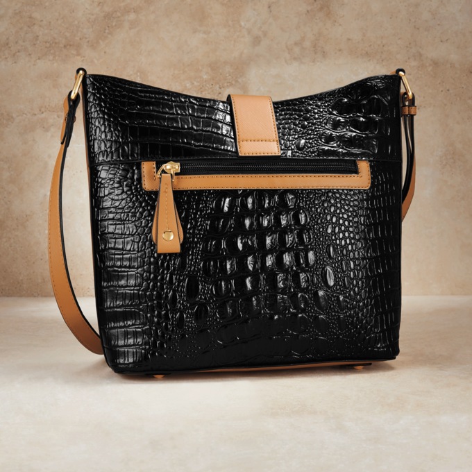 M.C. Handbags Elizabeth Genuine Leather Crossbody with Croco Embossing, Black Tan, large
