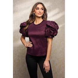 Vada Puff-Sleeve Blouse in Stretch Taffeta with Sequin Accents, , large