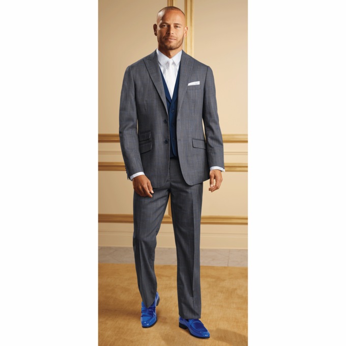 3-Piece Blue Windowpane Plaid Suit with Jacket, Pants and Contrasting Button-Down Vest, , large