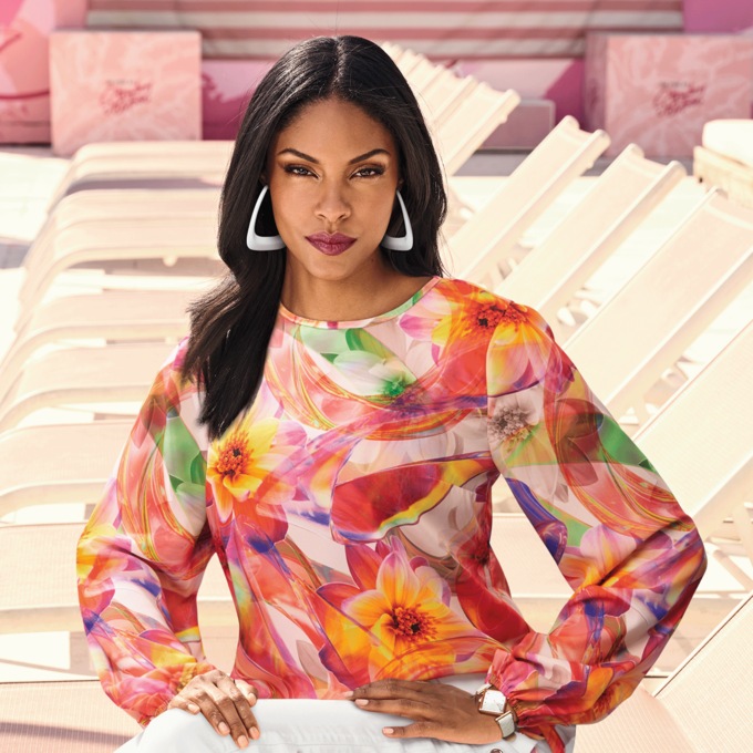 Camellia Full-Sleeve Blouse with Vibrant Watercolor Print, , large