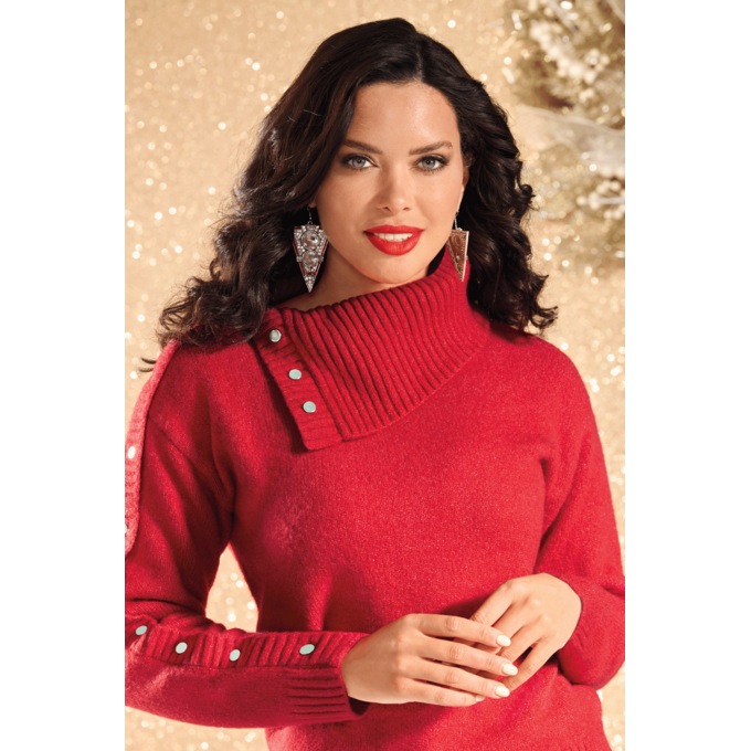 Kardi Asymmetrical Cowl Neck Sweater for Women with Snap Trim, , large