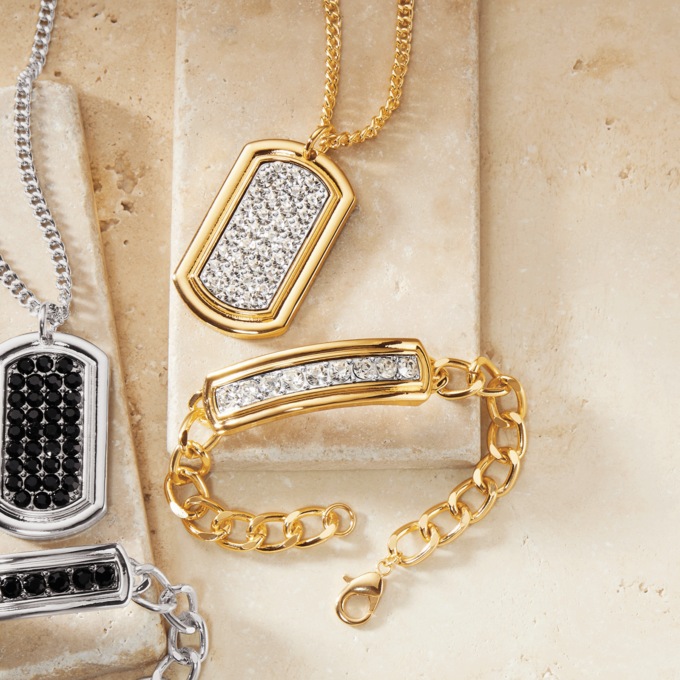 Men's Crystal Dog Tag & Bracelet Set , Twotone Crystal, large