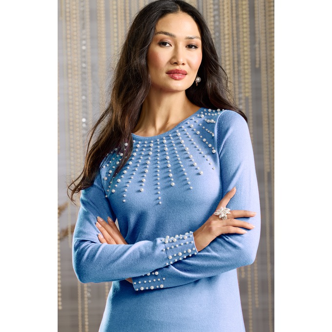Prala Pearl-Trimmed Sweater Dress, Serene Blue, large