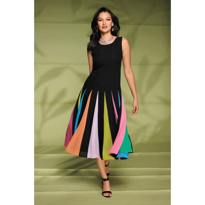 Raynbow Multi-Colored Godet Fit-and-Flare Dress, , large