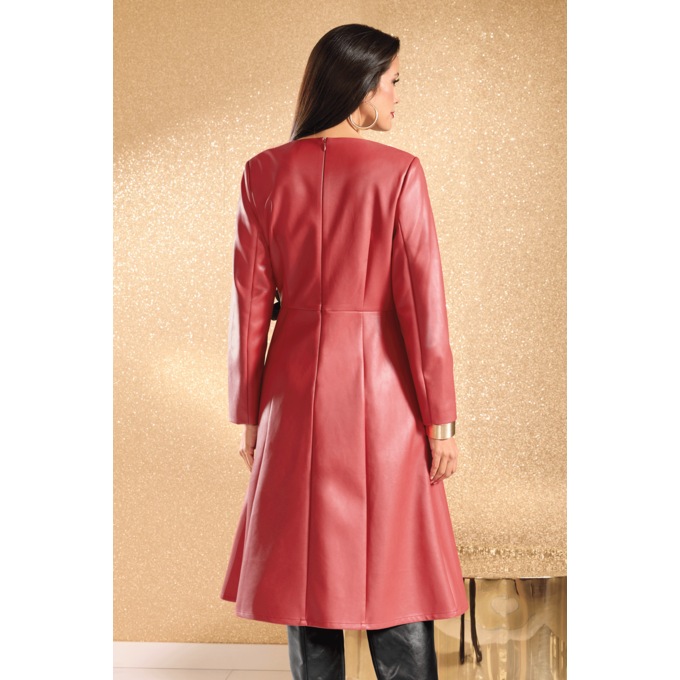 Whitley Faux-Leather Colorblocked A-Line Dress with Flower Brooch, Spicy Red Multi, large