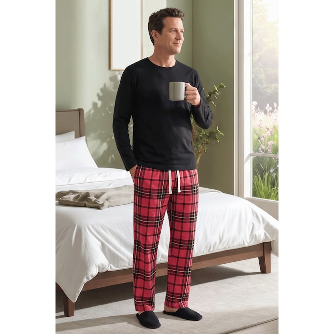 Value 2-Piece Men's PJ Set with Crew Top and Plaid Bottoms, , large