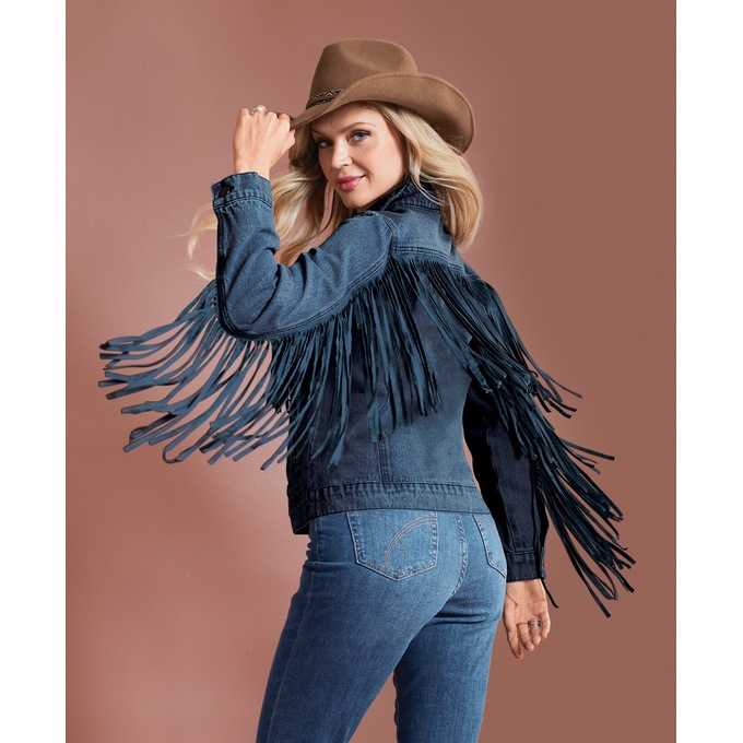 Denim Fringe Jacket, , large