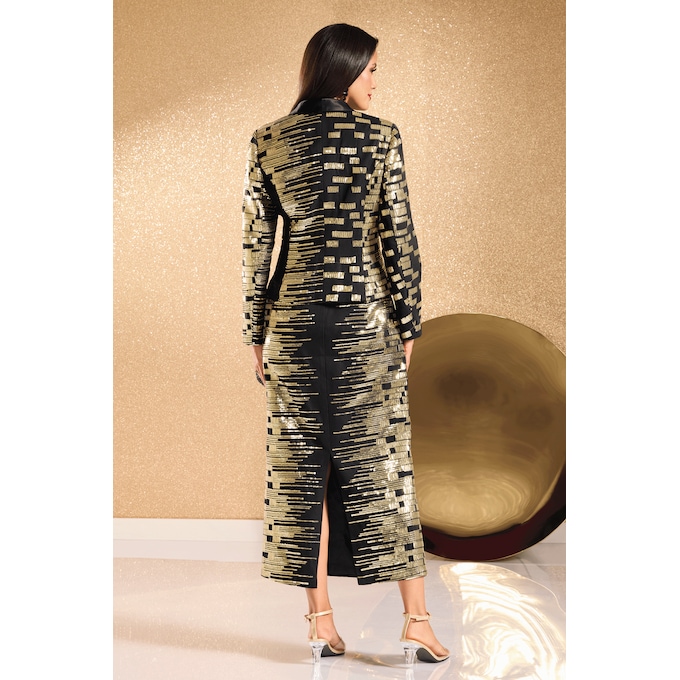 Inget Metallic 3-Piece Skirt Suit with Allover Sequins and Satin Tank Top, Black Gold, large