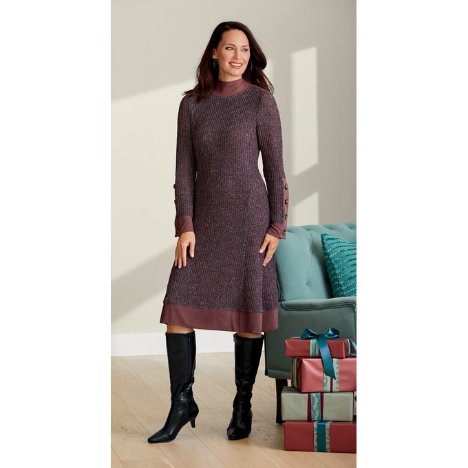 Button-Sleeve Sweater A-Line Dress, , large