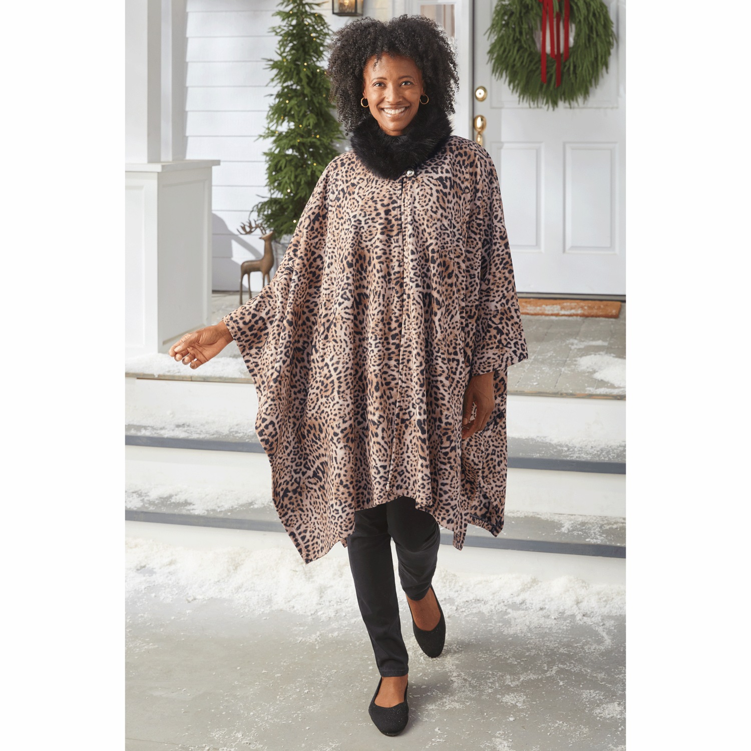 Warm Fleece Cape with Faux-Fur Collar and Pockets | Midnight Velvet