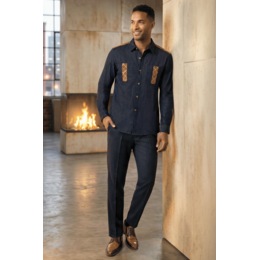 Stacy Adams Men&rsquo;s Denim Shirt and Pant Set with Embroidered Faux Suede-Trim, , large