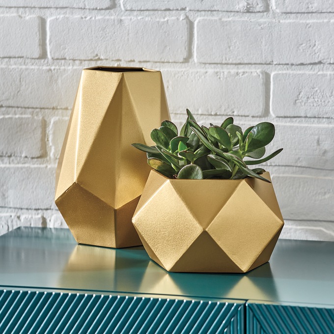 Set Of 2 Golden Faceted Vases, , large