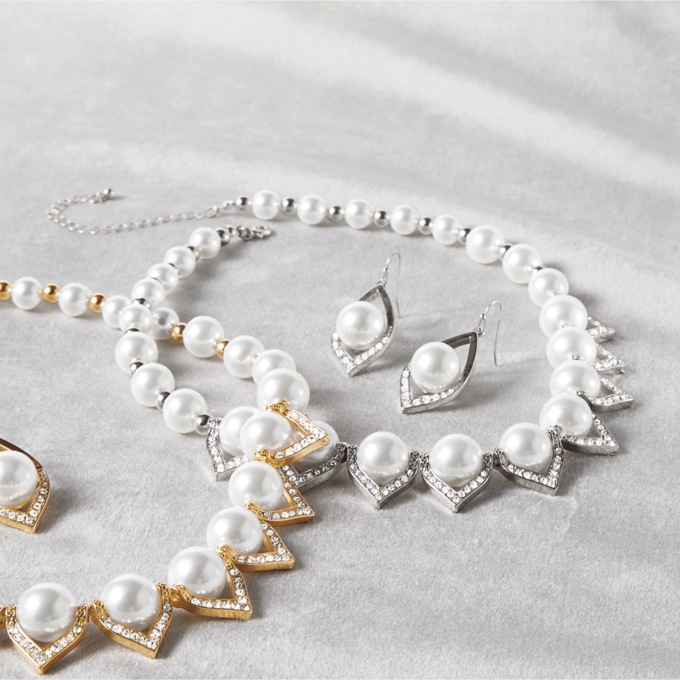 Faux-Pearl/Crystal Necklace & Earring Set, , large