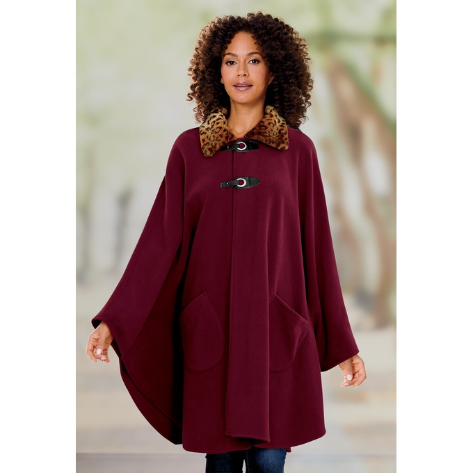 Faux-Fur Trim Cape, Bordeaux, large