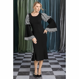 Houndstooth Bell-Sleeve Sheath Dress, , large