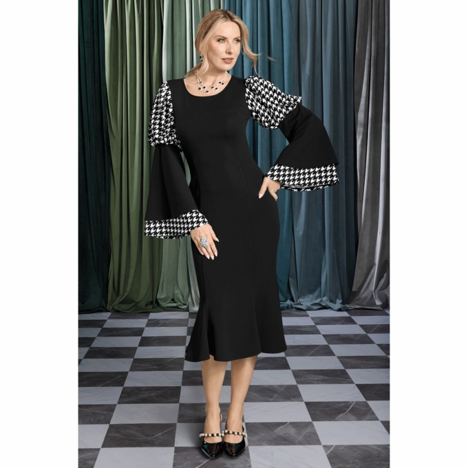 Houndstooth Bell-Sleeve Sheath Dress, , large