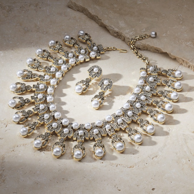 Vintage-Style Faux-Pearl Necklace & Earring Set, Goldtone, large