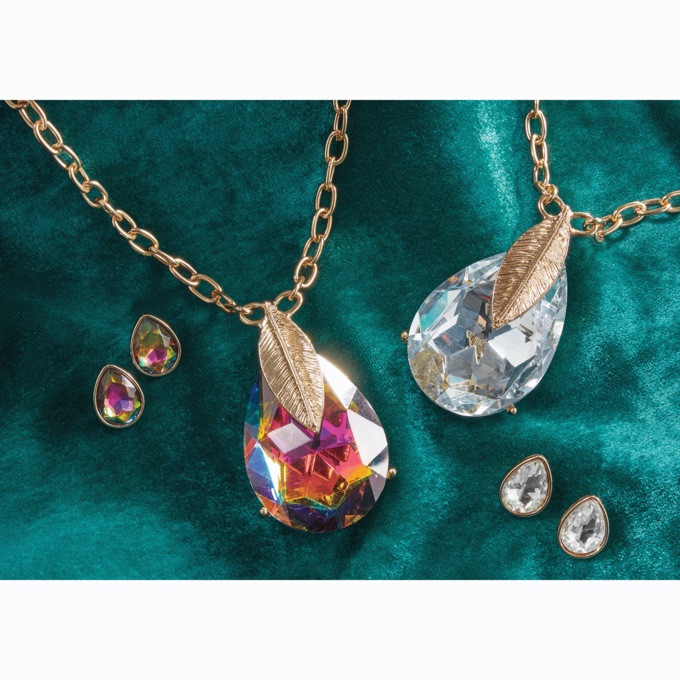 Goldtone Crystal Pear Long Necklace and Earring Set, , large