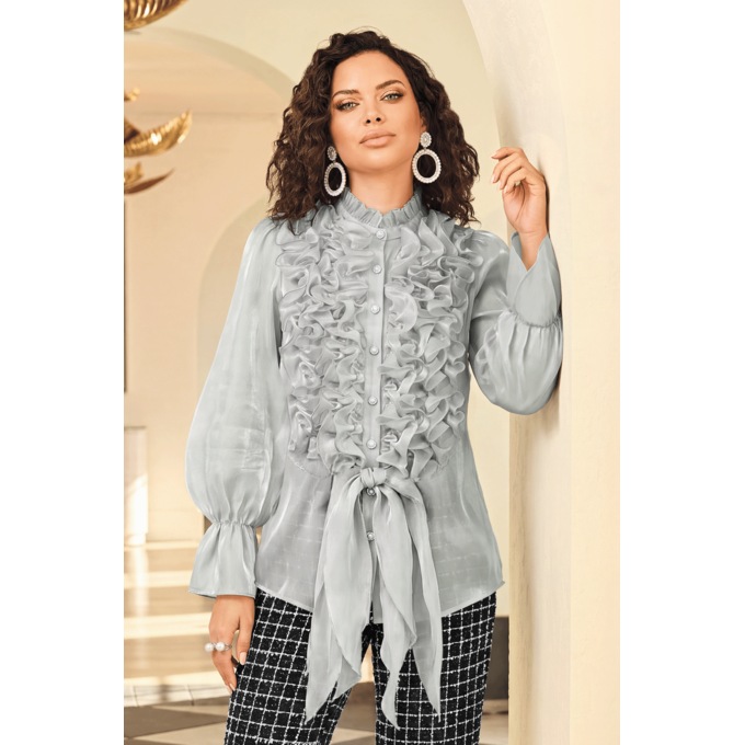 Zena Ruffled Organza Blouse with Faux-Pearl and Rhinestone Buttons, , large