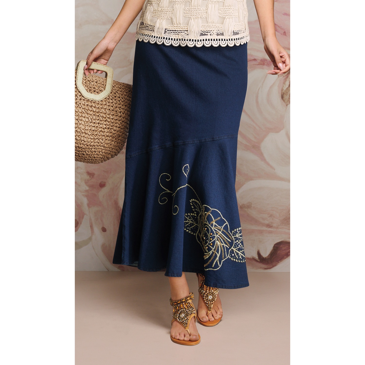 DENIM FLOWER MIDI SKIRT main image 1