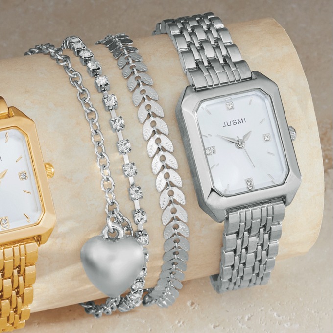 Watch & 3-Piece Bracelet Set, Silvertone, large