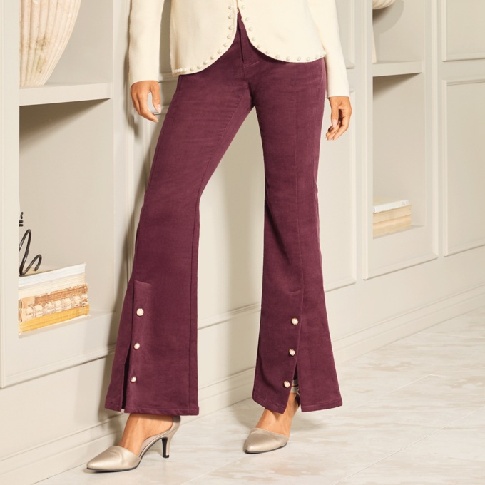 Corinne Corduroy Flare Jean Pant with Faux-Pearl Buttons and Vents, , large