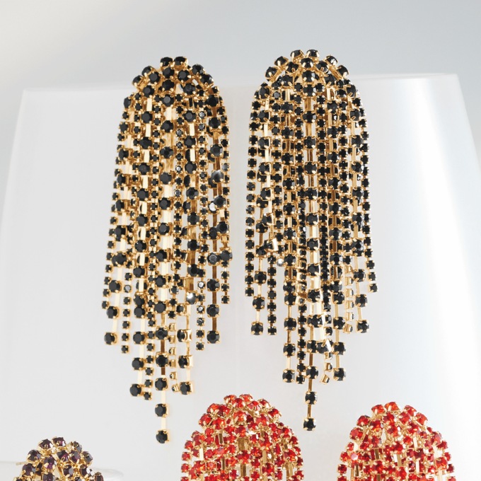Crystal Color Fringe Earrings, Black, large
