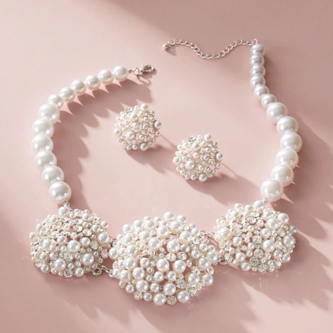 Faux-Pearl Crystal Cluster Necklace & Earring Set, , large