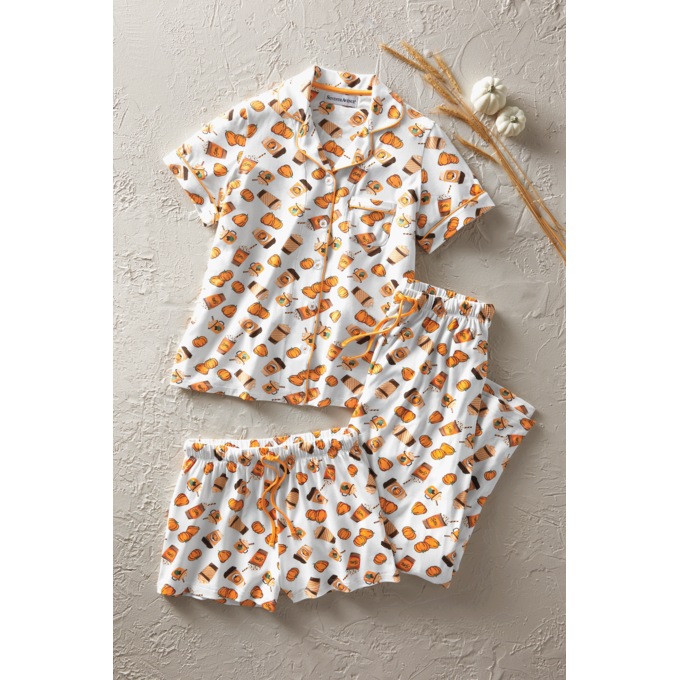 3-Piece Pumpkin Spice Latte PJ Set for Women with Printed Top, Short and Pant, , large