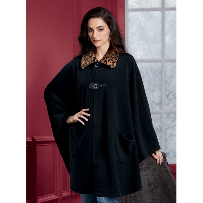 Faux-Fur Trim Cape, Black, large