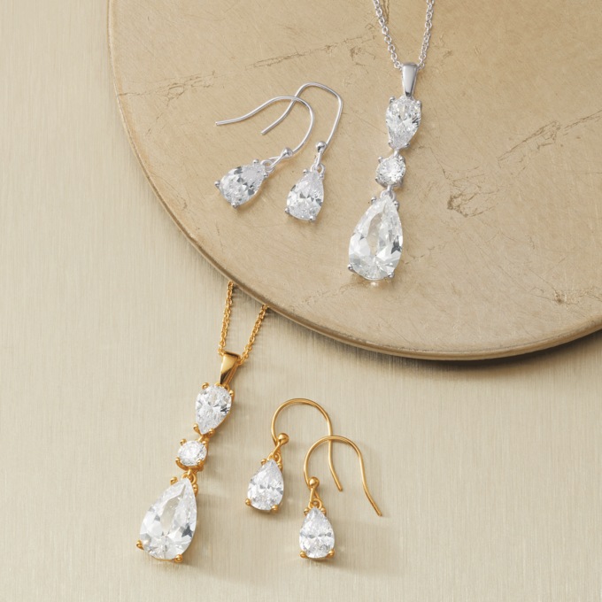 Cubic Zirconia Pear Drop Necklace & Earring Set, , large