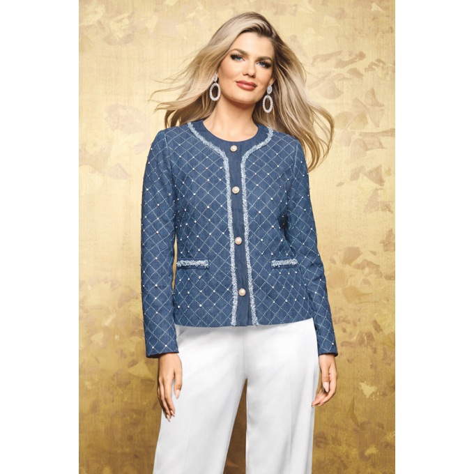 Chantal Embellished Denim Women's Jacket with Rhinestones and Faux Pearls, , large