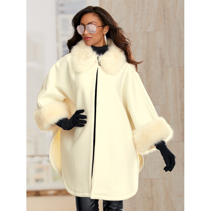 Faux-Fur Wool-Blend Cape, , large