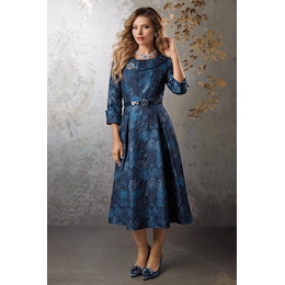 Justine Metallic Jacquard Fit-and-Flare Dress with Brooch and Belt, , large