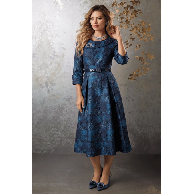 Justine Metallic Jacquard Fit-and-Flare Dress with Brooch and Belt, , large