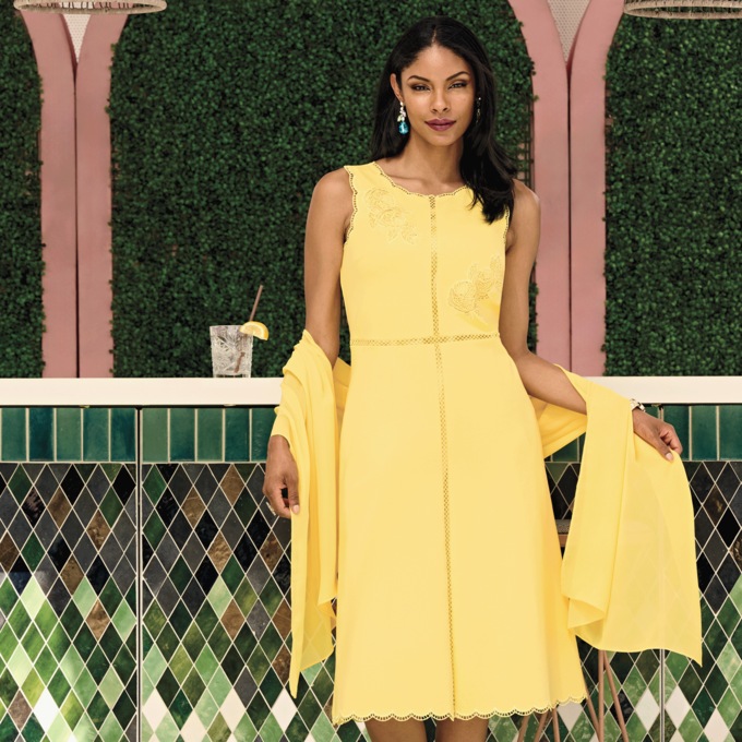 Reiana Fit-and-Flare Dress with Embroidered Rose Detail and Scalloped Edging, , large