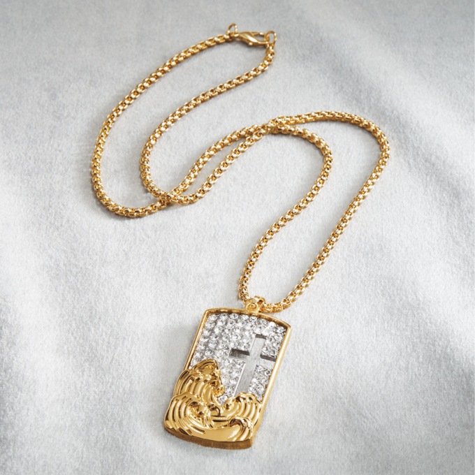 Men's Christian Through-the-Storm Pendant with Crystals & Cross Cutout, , large